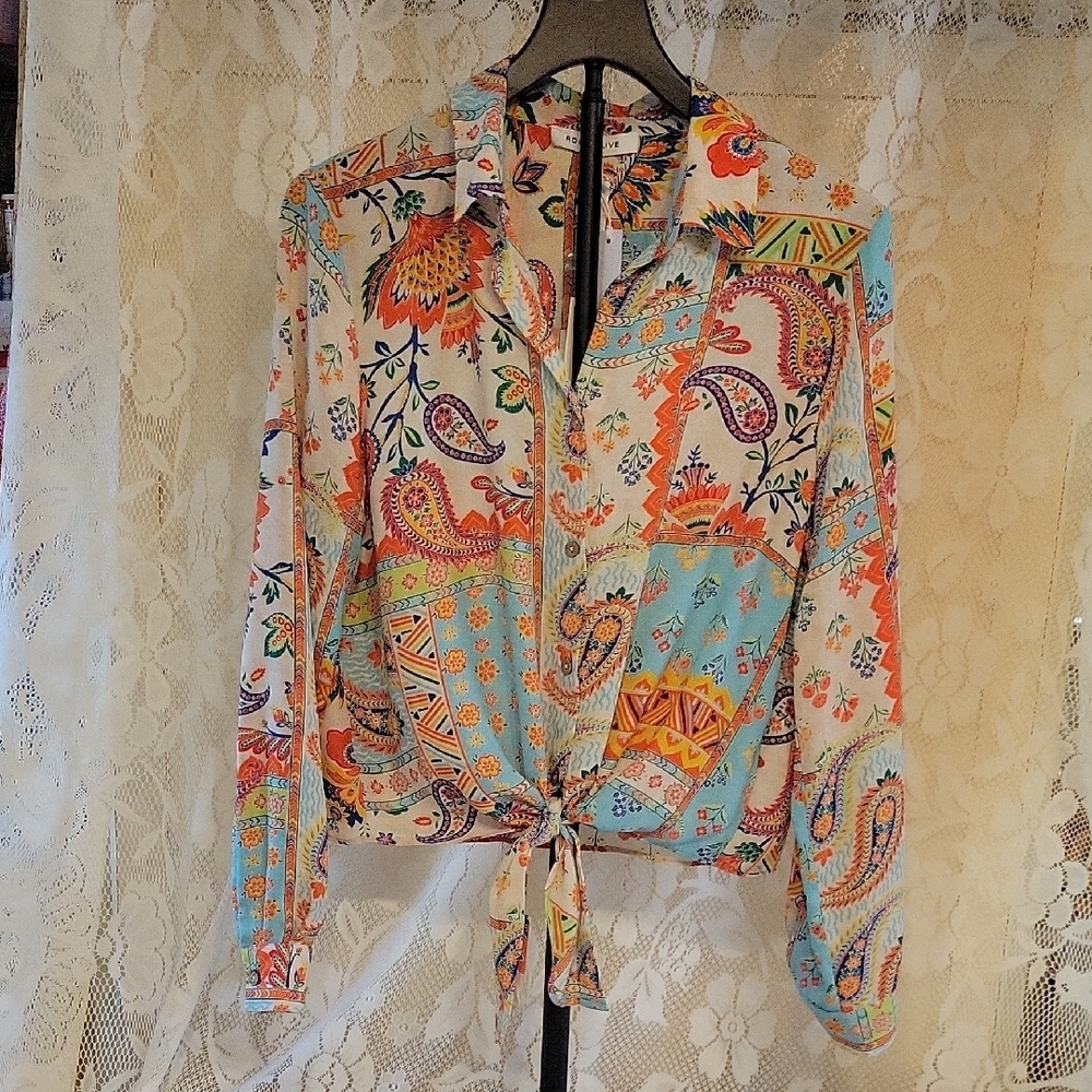 Rose & Olive Multicolor Paisley Tie-Front Blouse